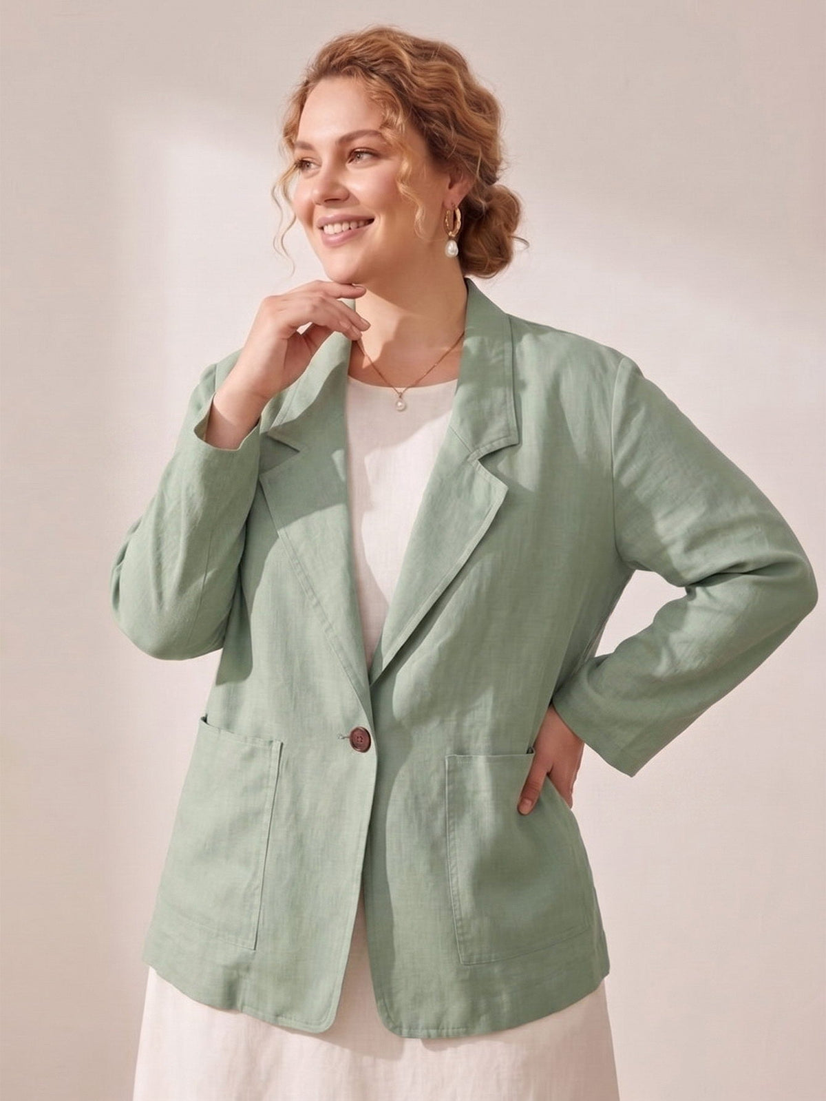 Larui Plus Size Women's Linen Long Sleeves Pocket Blazer