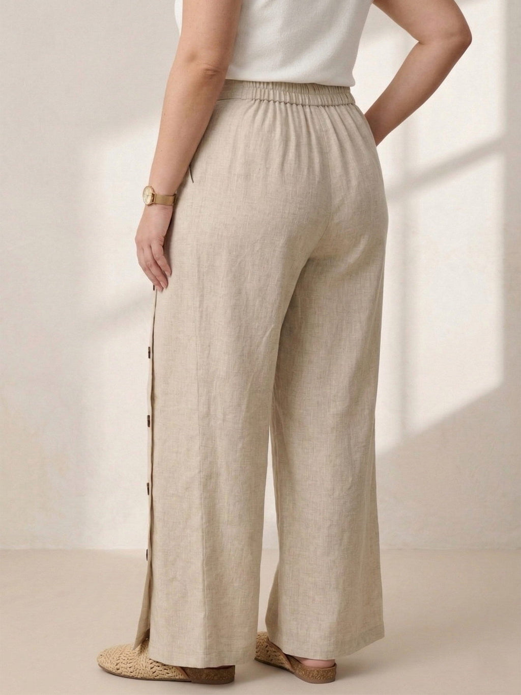 Larui Plus Size Women's Linen Pocket Button Full Length Pants