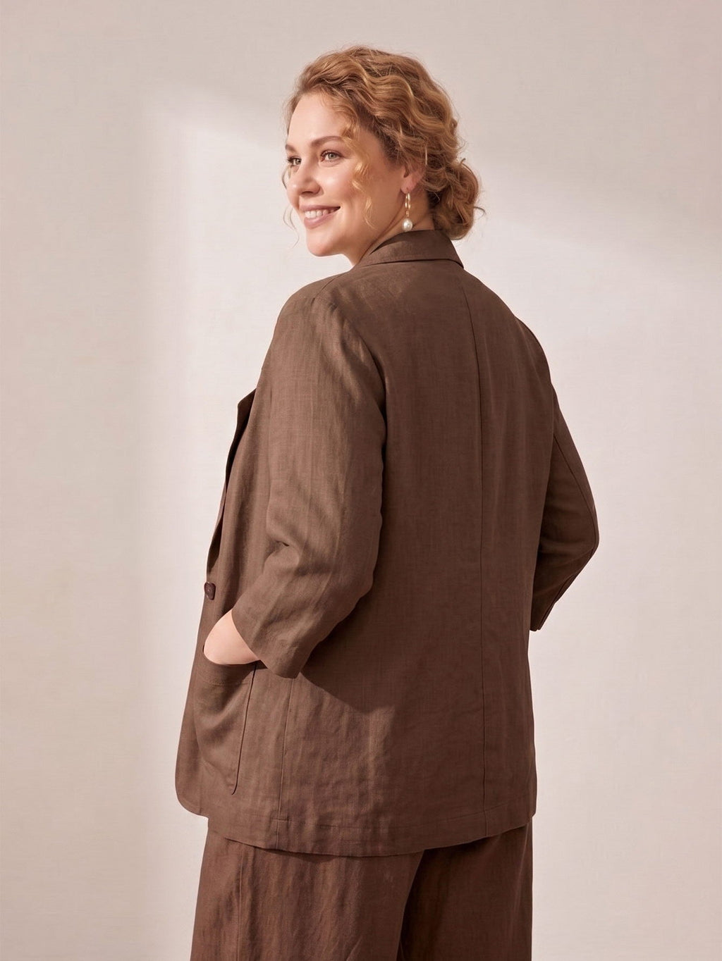 Larui Plus Size Women's Linen Long Sleeves Pocket Blazer