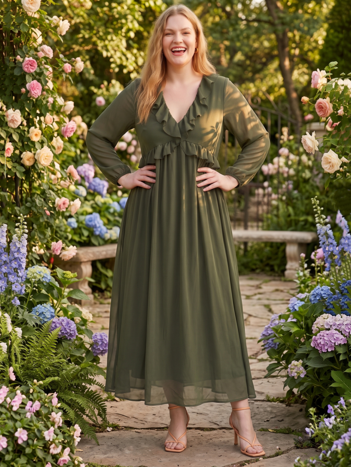 Larui Plus Size Women‘s Chiffon Ruffled V-Neck Dress
