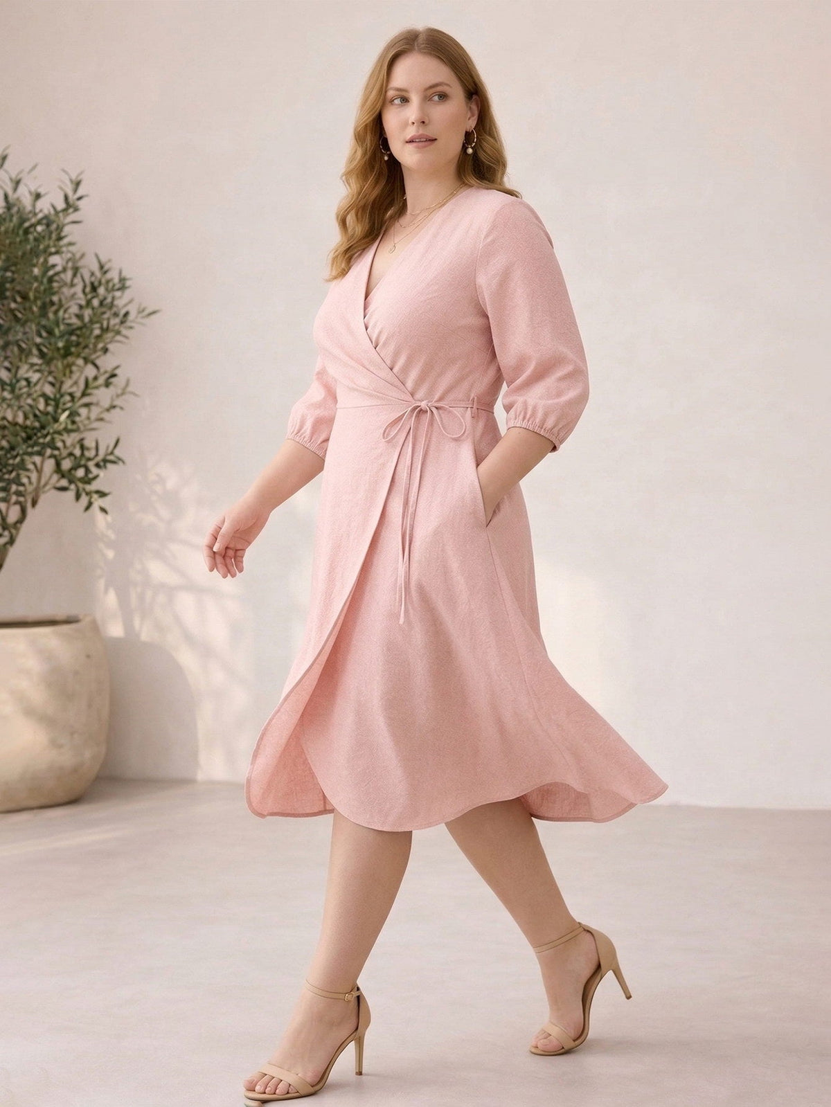 Larui Plus Size Women's Linen V-Neck Wrap Dress