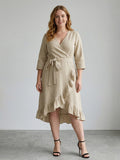Larui Plus Size Women's Linen Ruffles Dress With Belted