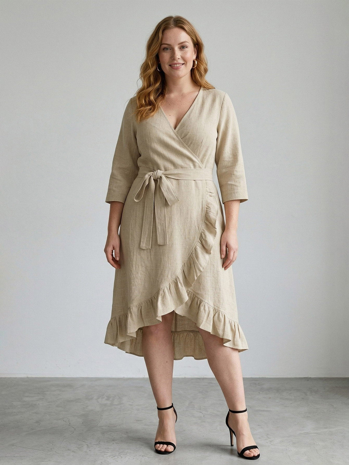 Larui Plus Size Women's Linen Ruffles Dress With Belted