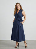 Larui Plus Size Women‘s Linen  V-Neck Sleeveless Dress