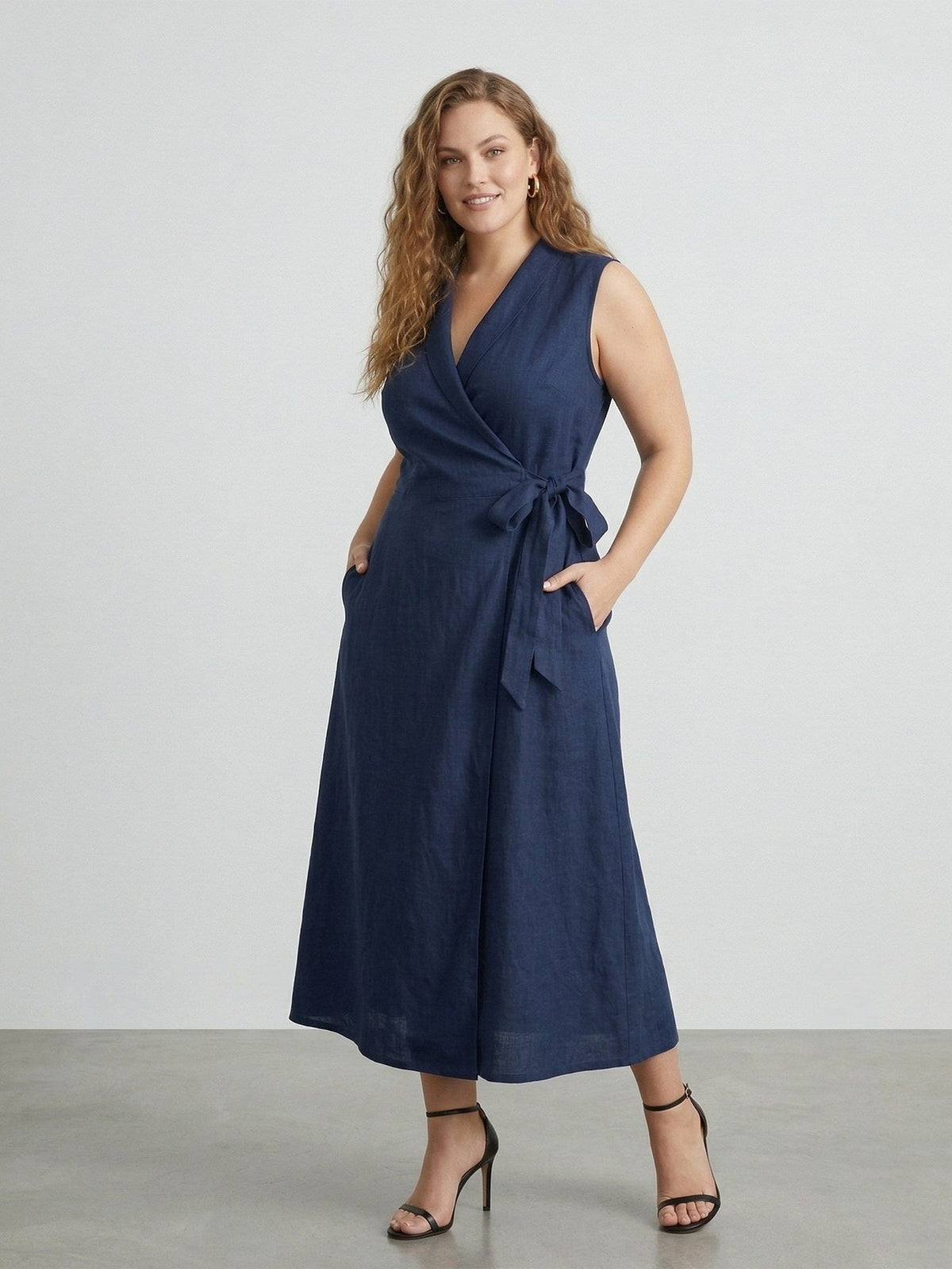 Larui Plus Size Women‘s Linen  V-Neck Sleeveless Dress