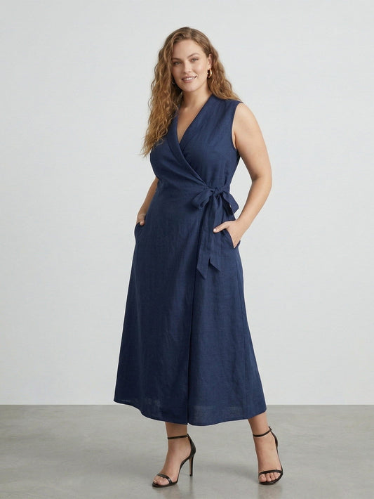 Larui Plus Size Women‘s Linen  V-Neck Sleeveless Dress