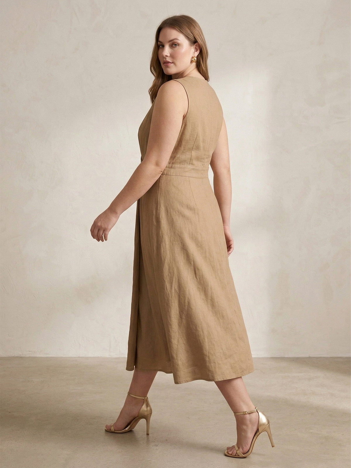 Larui Plus Size Women‘s Linen V Neck A-Line Dress