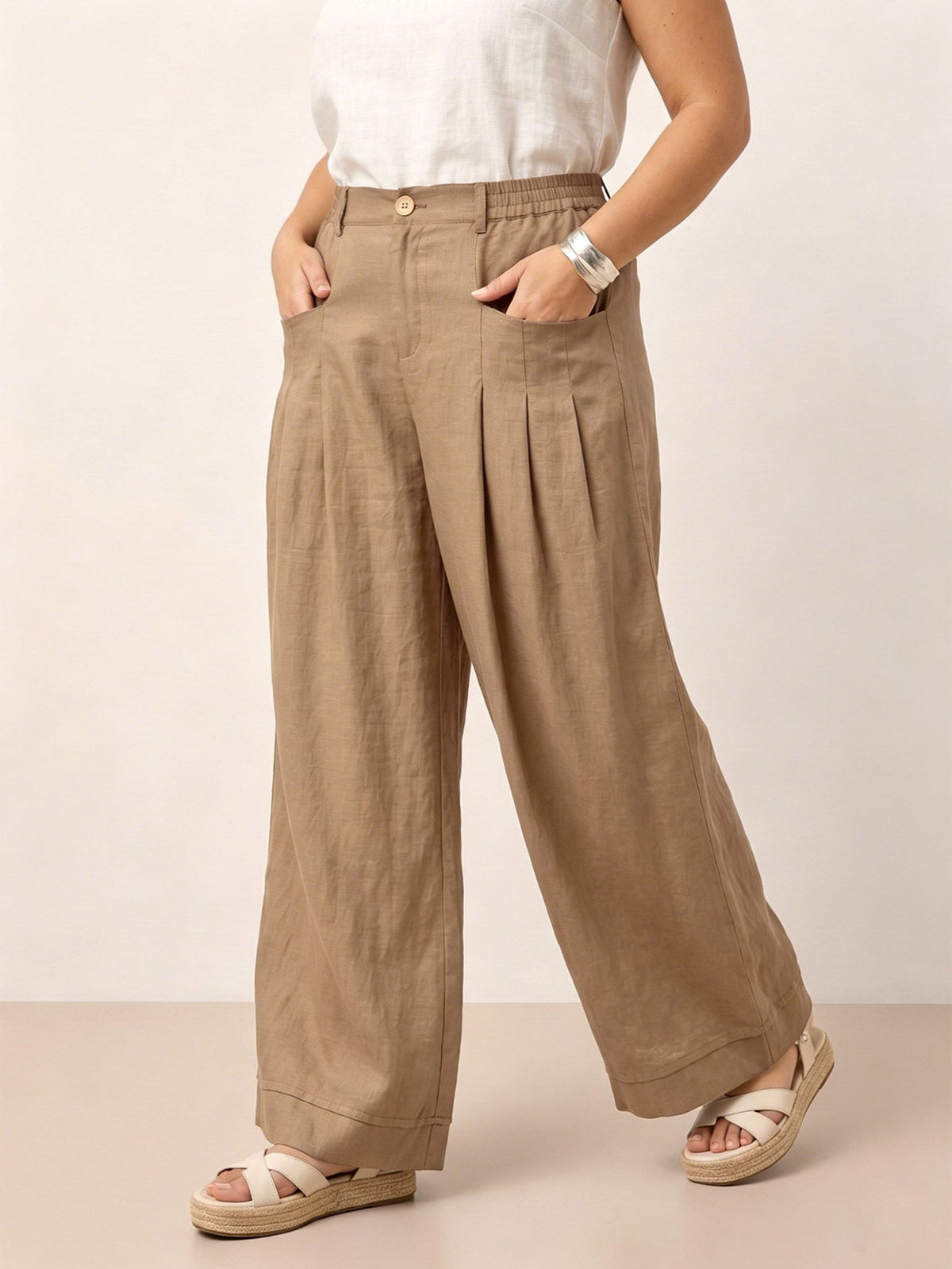 Larui Plus Size Women's Linen Pocket Full Length Pants