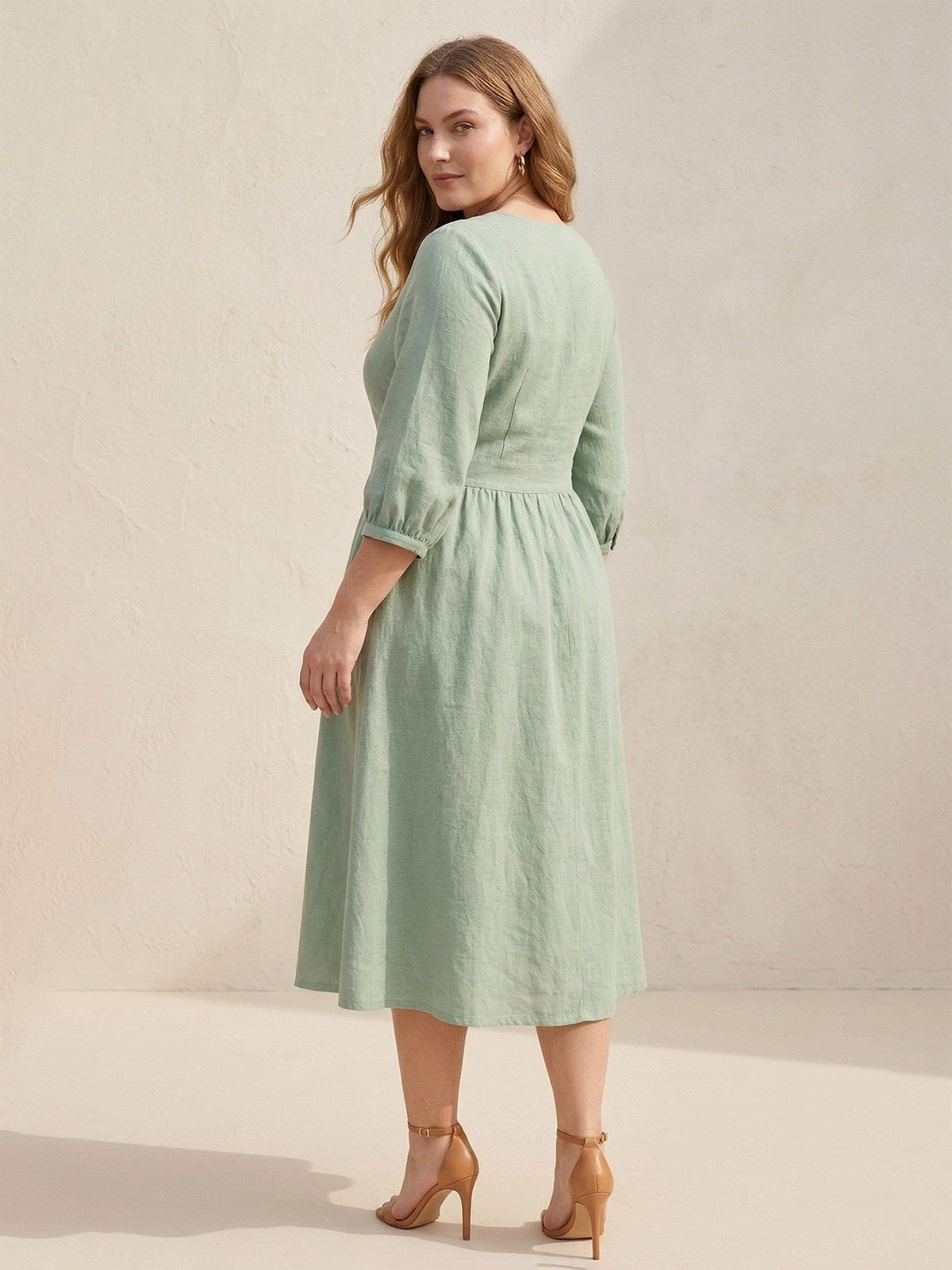 Larui Plus Size Women's Linen V-Neck Pocket Dress