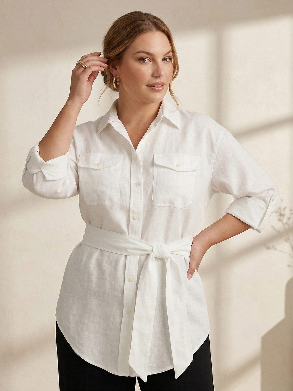 Larui Plus Size Women's Linen Pocket Shirt With Belted