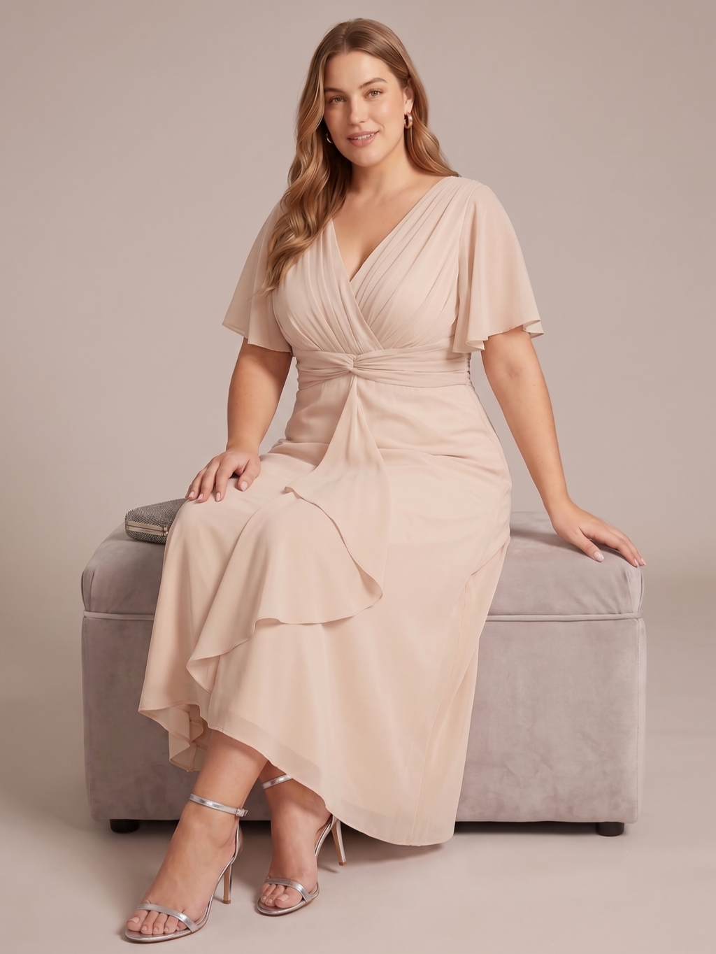 Larui Women's Plus-Size Chiffon Dress with V-Neck and Ruffled Hem