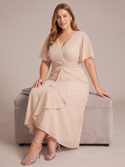 Larui Women's Plus-Size Chiffon Dress with V-Neck and Ruffled Hem