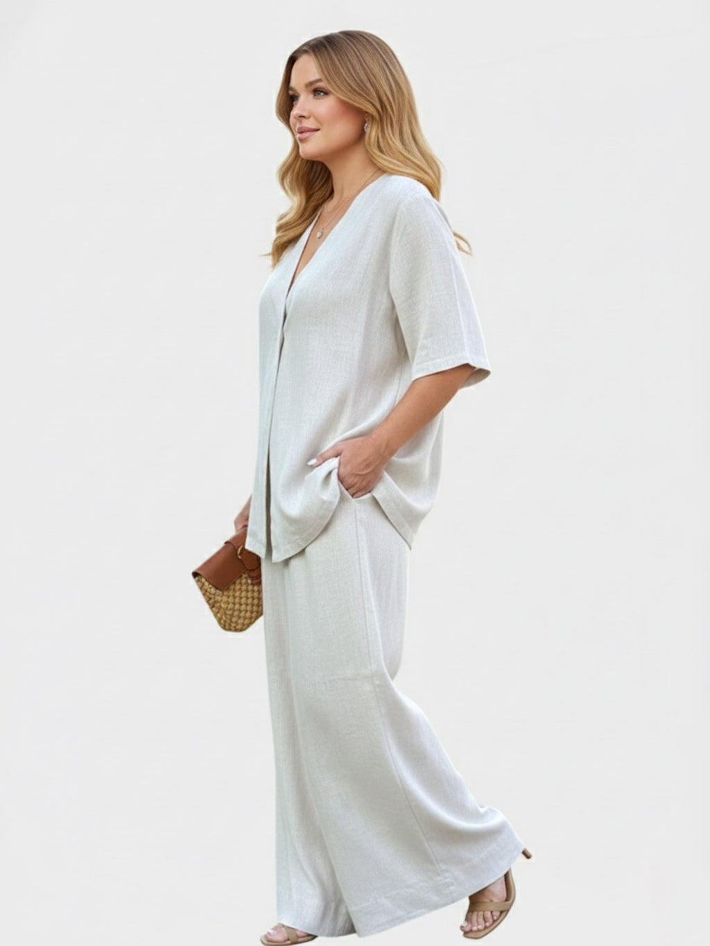 Larui Women‘s Plus Size Linen Blouse and Pants Two Piece Set