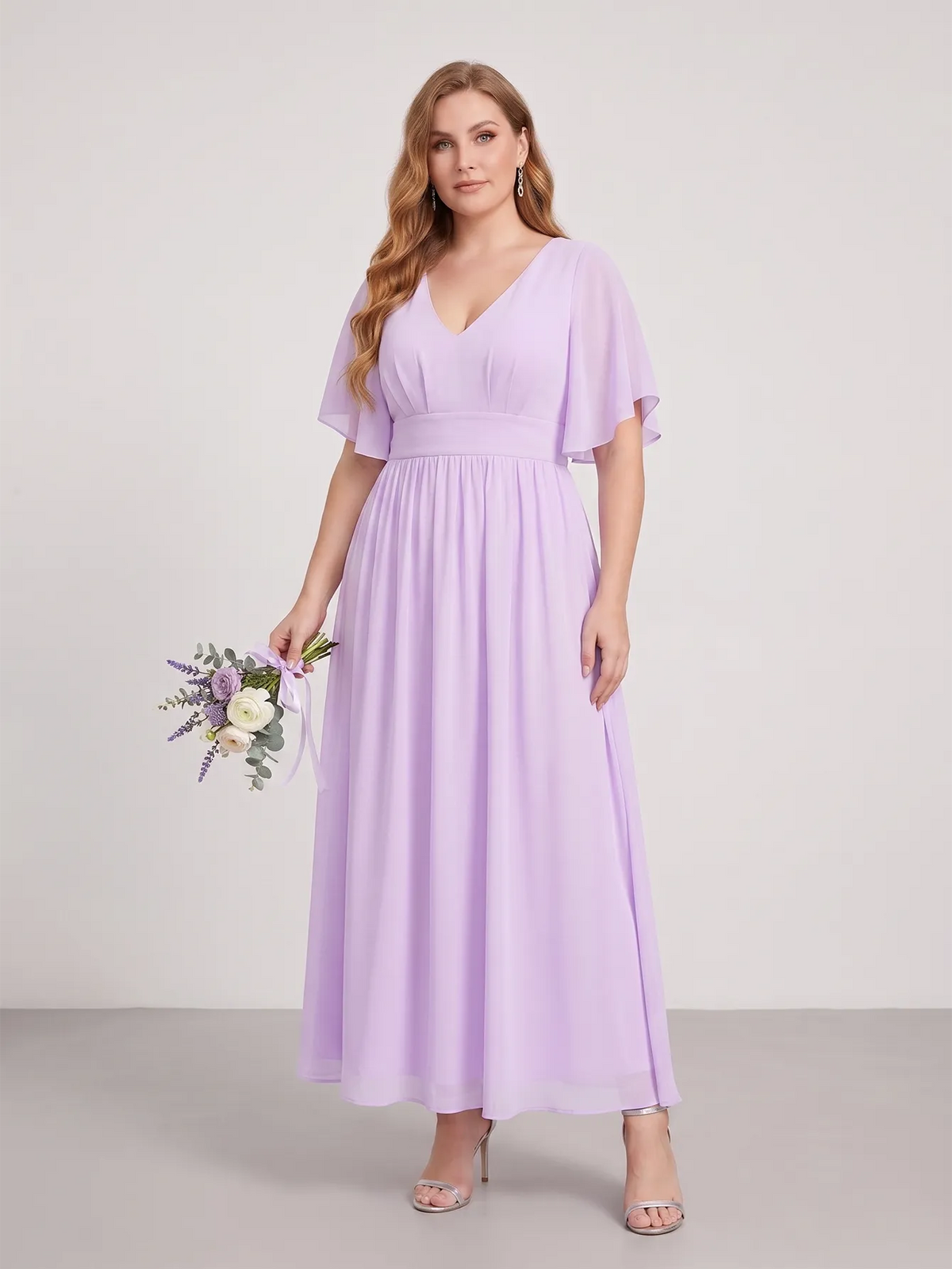Larui Plus Size Women‘s V-Neck Chiffon Ruffles Sleeves Dress