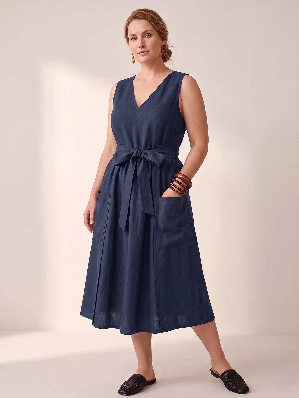 Larui Plus-Size Women's Reversible Open-Front Tie-Up Apron-Style Linen Dress