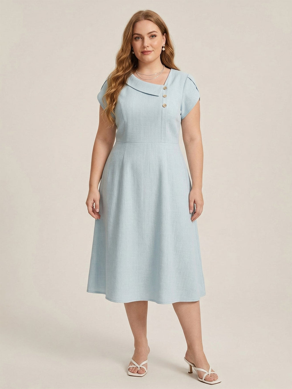 Larui Plus Size Women's Elegant Irregular Collar Linen Pocket Dress