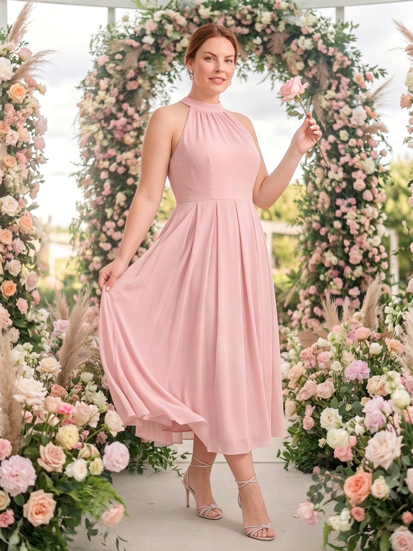 Larui Plus Size Women's Halter Neck Chiffon Dress