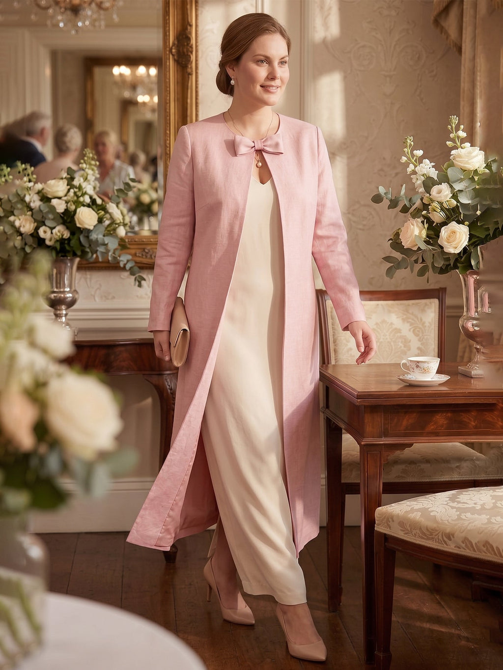 Larui Plus Size Women's Bow-Knot Wedding Long Linen Coat