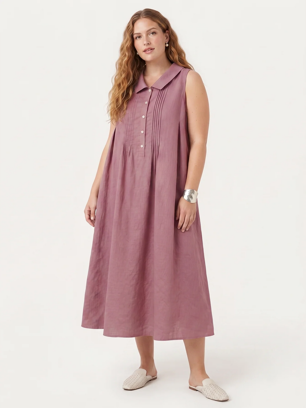 Larui Plus Size Women's Vacation Linen A-Line Dress With Pleats
