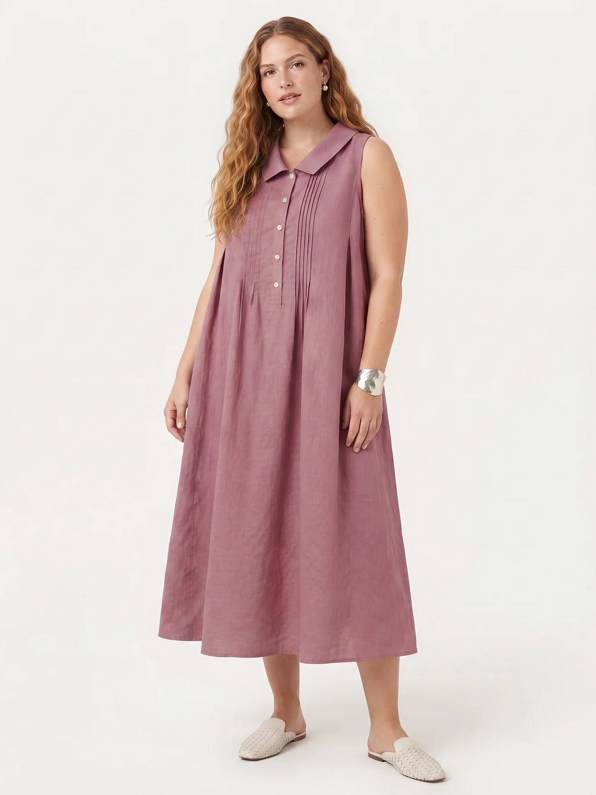 Larui Plus Size Women's Vacation Linen A-Line Dress With Pleats