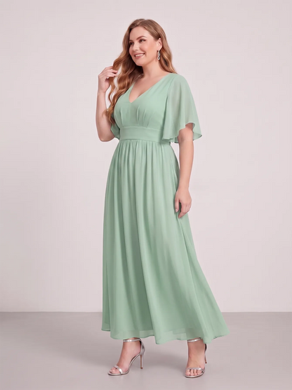 Larui Plus Size Women‘s V-Neck Chiffon Ruffles Sleeves Dress