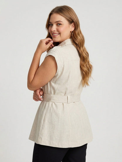 Larui Plus Size Women's Linen Pocket Blouse With Belted