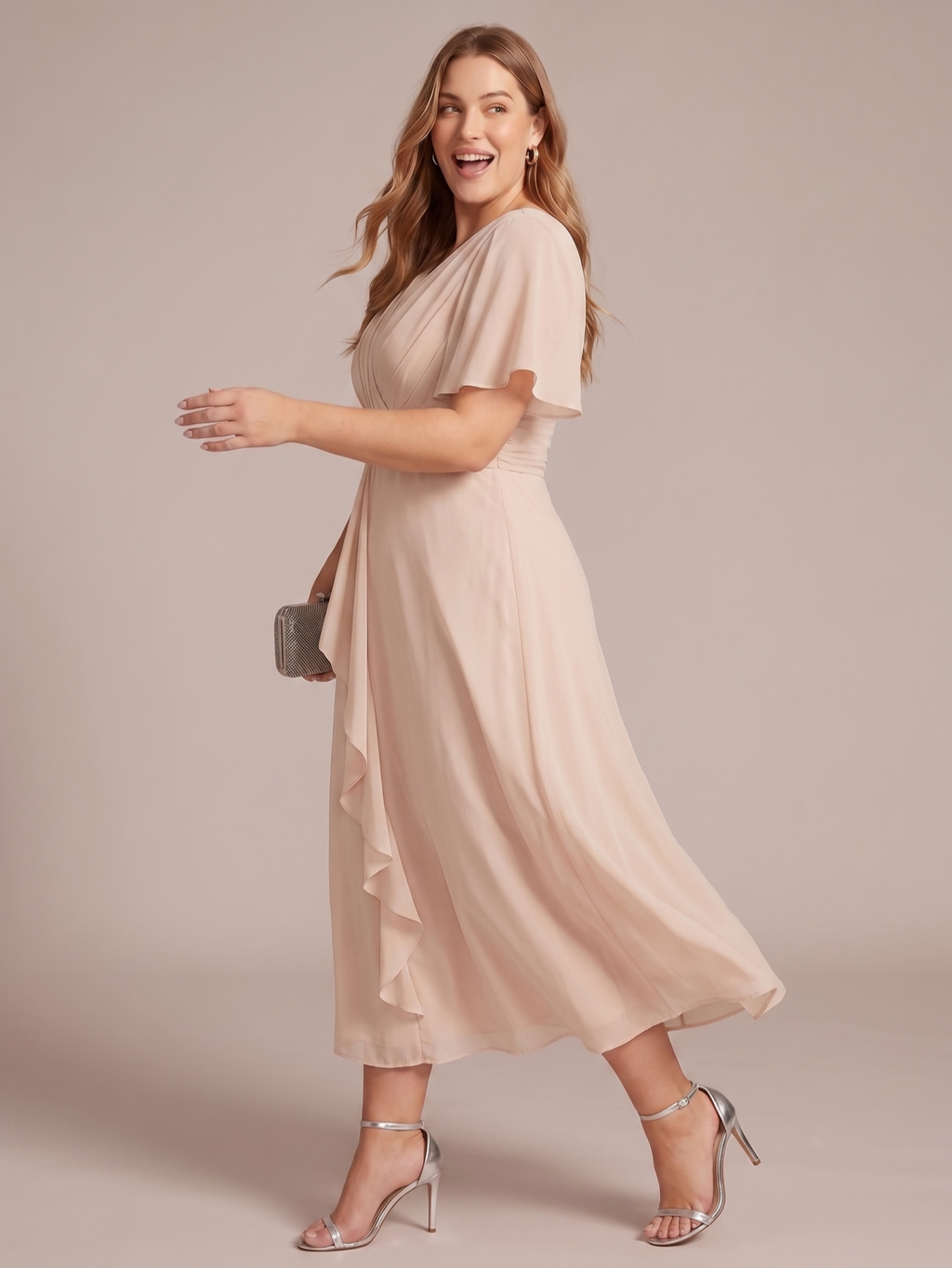 Larui Women's Plus-Size Chiffon Dress with V-Neck and Ruffled Hem