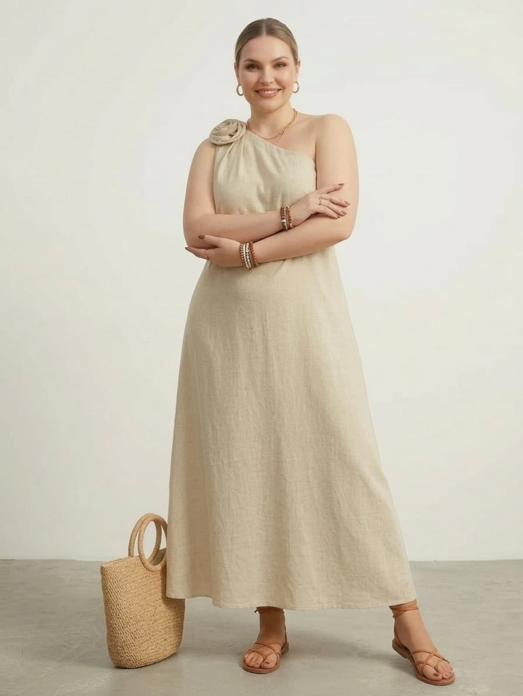 Larui Plus Size Women‘s Linen 3D Flower One Shoulder Dress