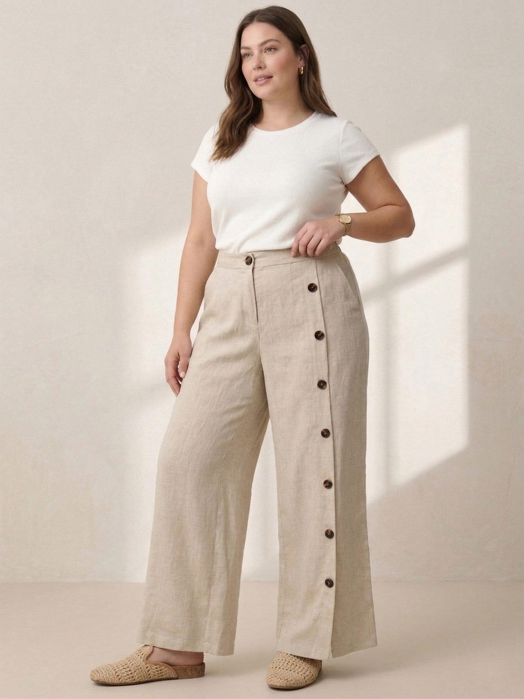 Larui Plus Size Women's Linen Pocket Button Full Length Pants