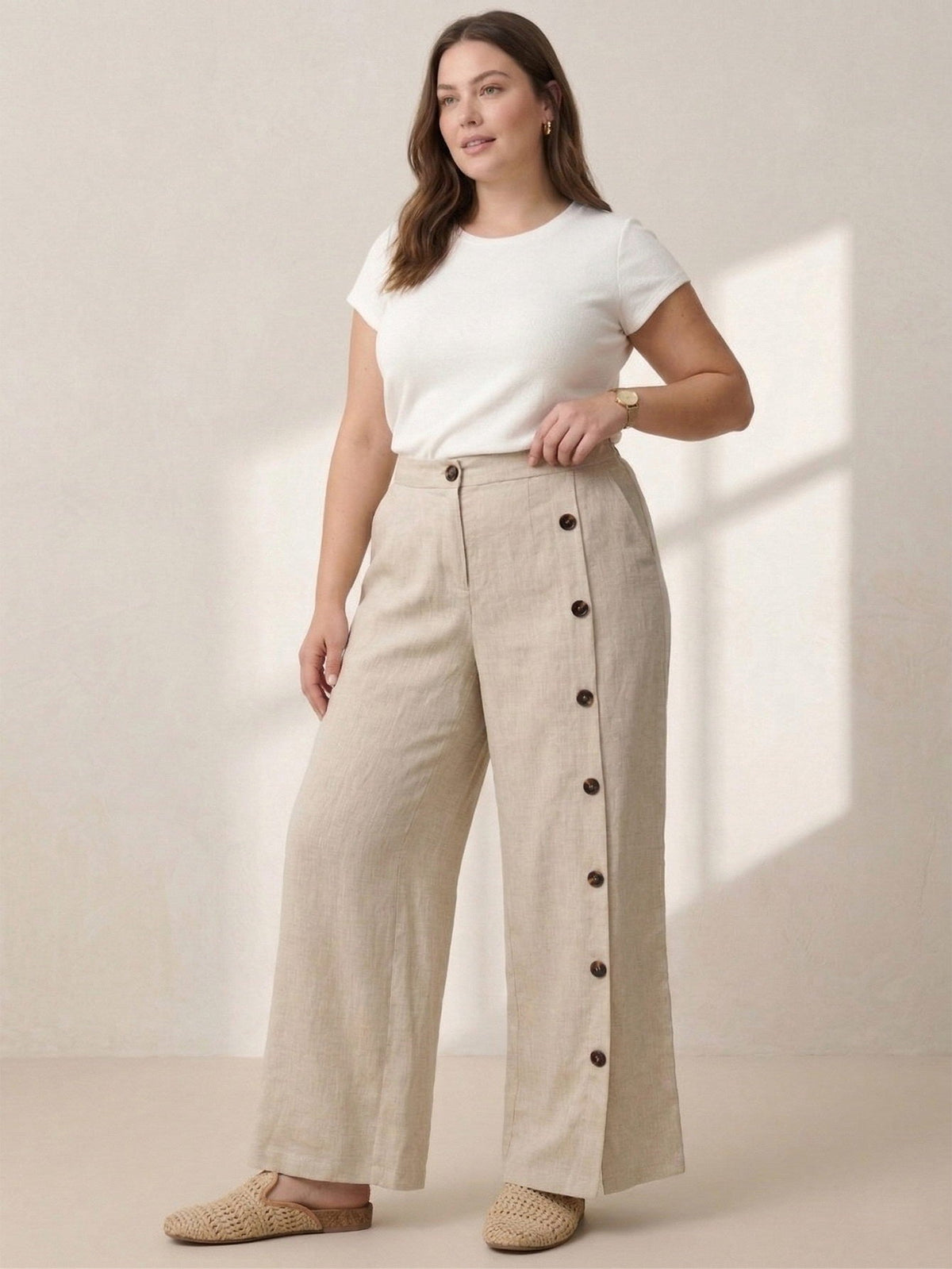 Larui Plus Size Women's Linen Pocket Button Full Length Pants