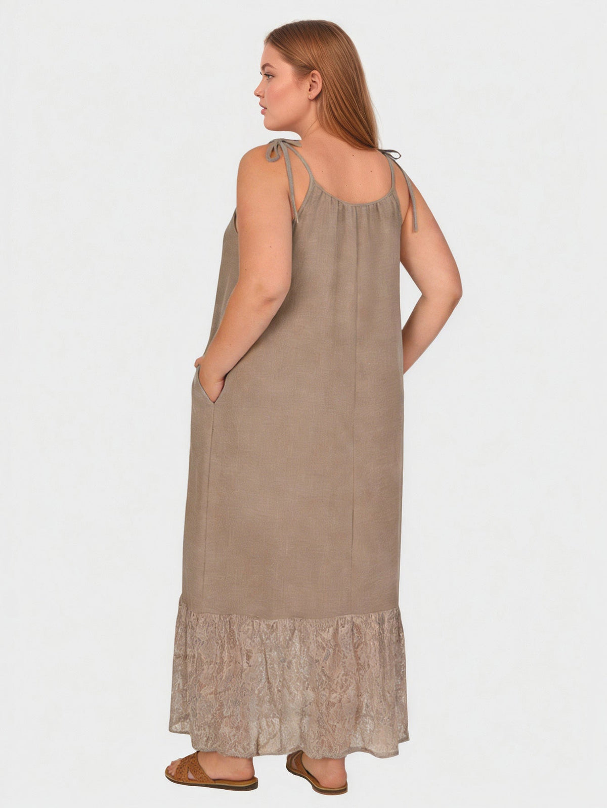 Larui Wovem's Plus Size Linen Lace Patchwork Casual Pocket Cami Dress