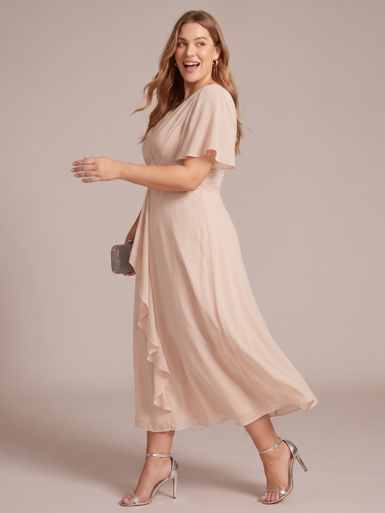 Larui Women's Plus-Size Chiffon Dress with V-Neck and Ruffled Hem