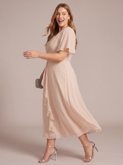 Larui Women's Plus-Size Chiffon Dress with V-Neck and Ruffled Hem