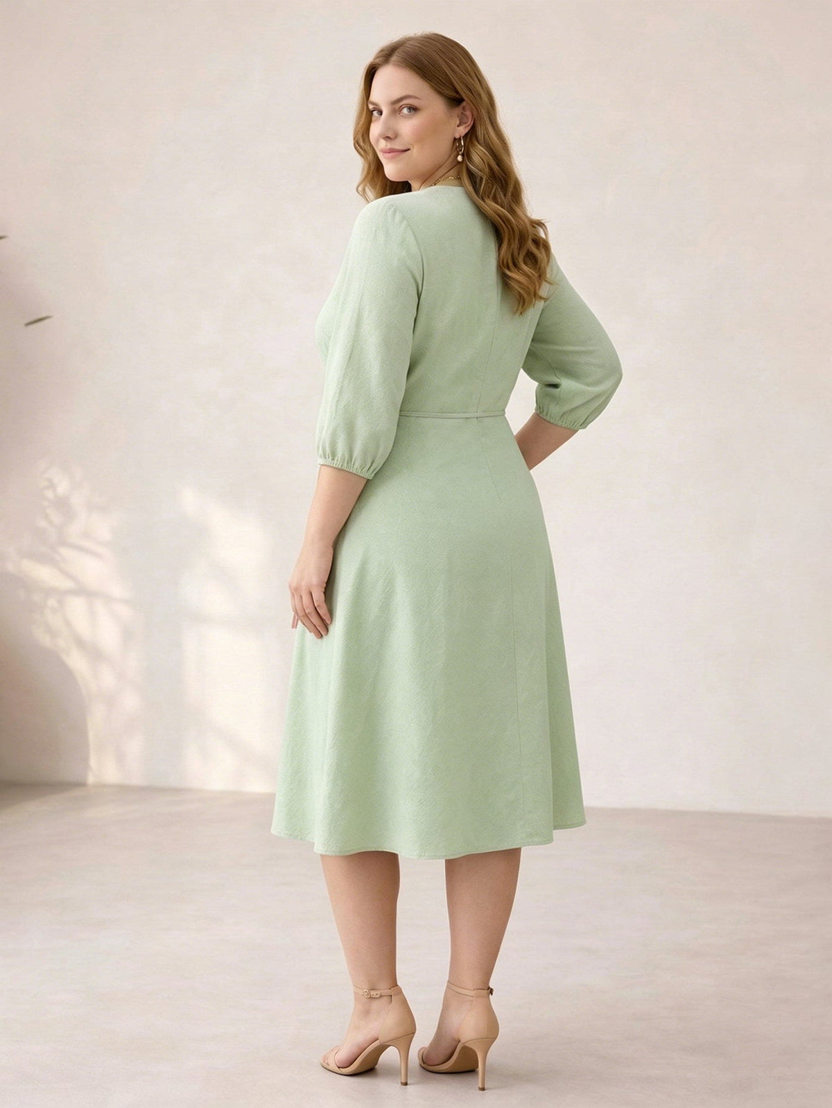 Larui Plus Size Women's Linen V-Neck Wrap Dress