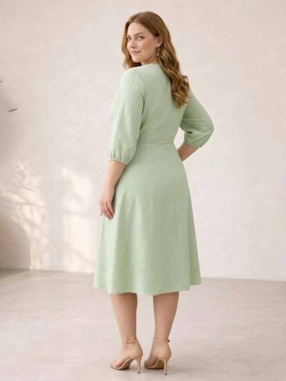 Larui Plus Size Women's Linen V-Neck Wrap Dress
