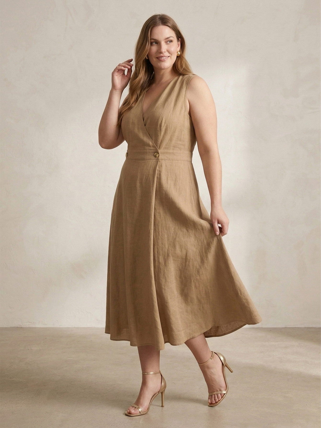 Larui Plus Size Women‘s Linen V Neck A-Line Dress