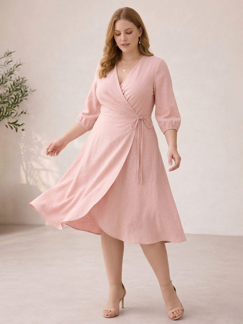 Larui Plus Size Women's Linen V-Neck Wrap Dress