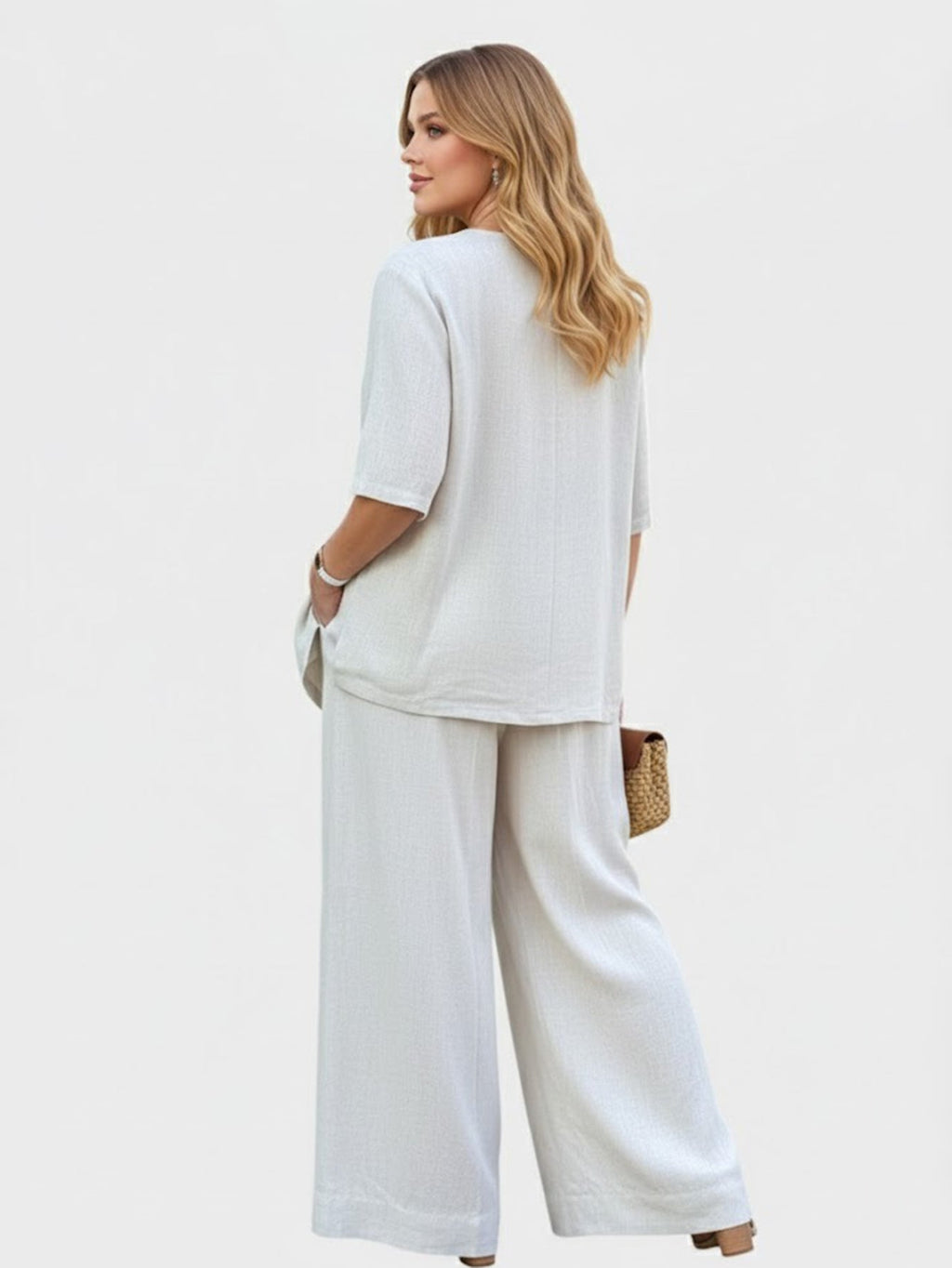 Larui Women‘s Plus Size Linen Blouse and Pants Two Piece Set