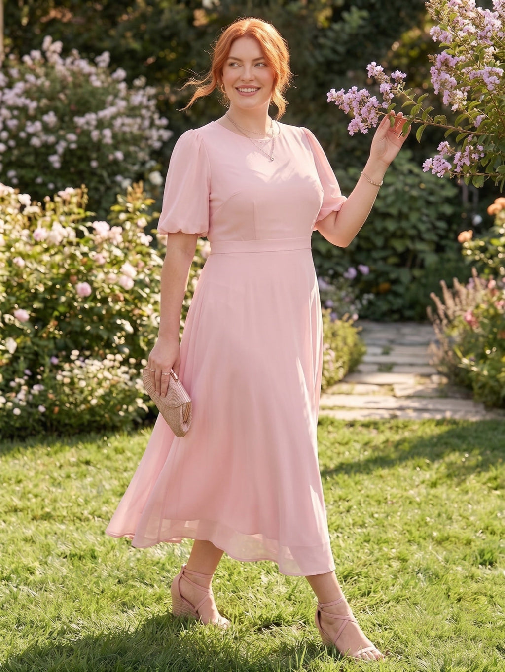 Larui Plus-Size Women's Puff-Sleeve Crew-Neck Dress