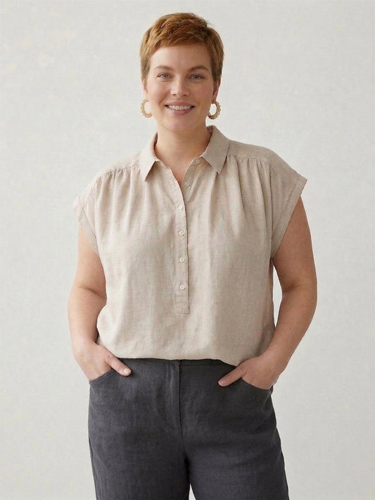 Larui Plus Size Women's Pleated Linen Shirt