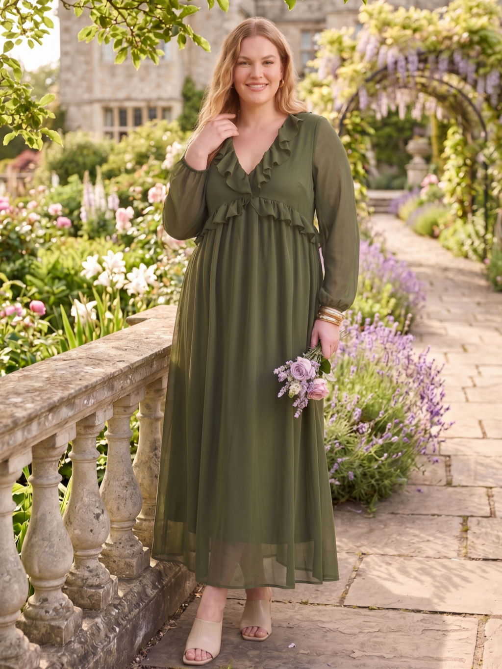 Larui Plus Size Women‘s Chiffon Ruffled V-Neck Dress