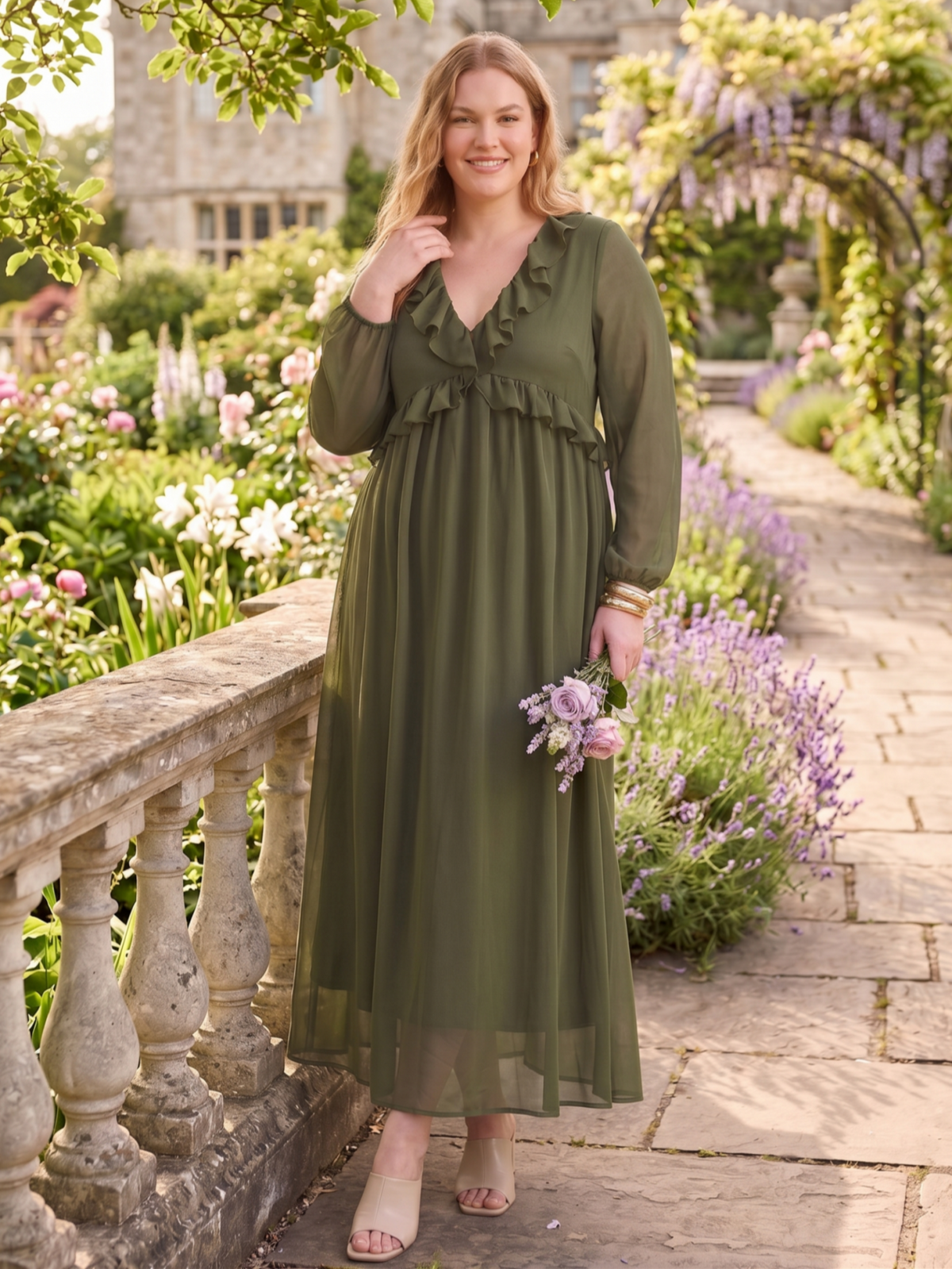 Larui Plus Size Women‘s Chiffon Ruffled V-Neck Dress