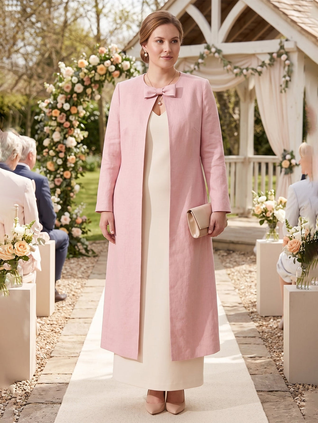 Larui Plus Size Women's Bow-Knot Wedding Long LinenCoat