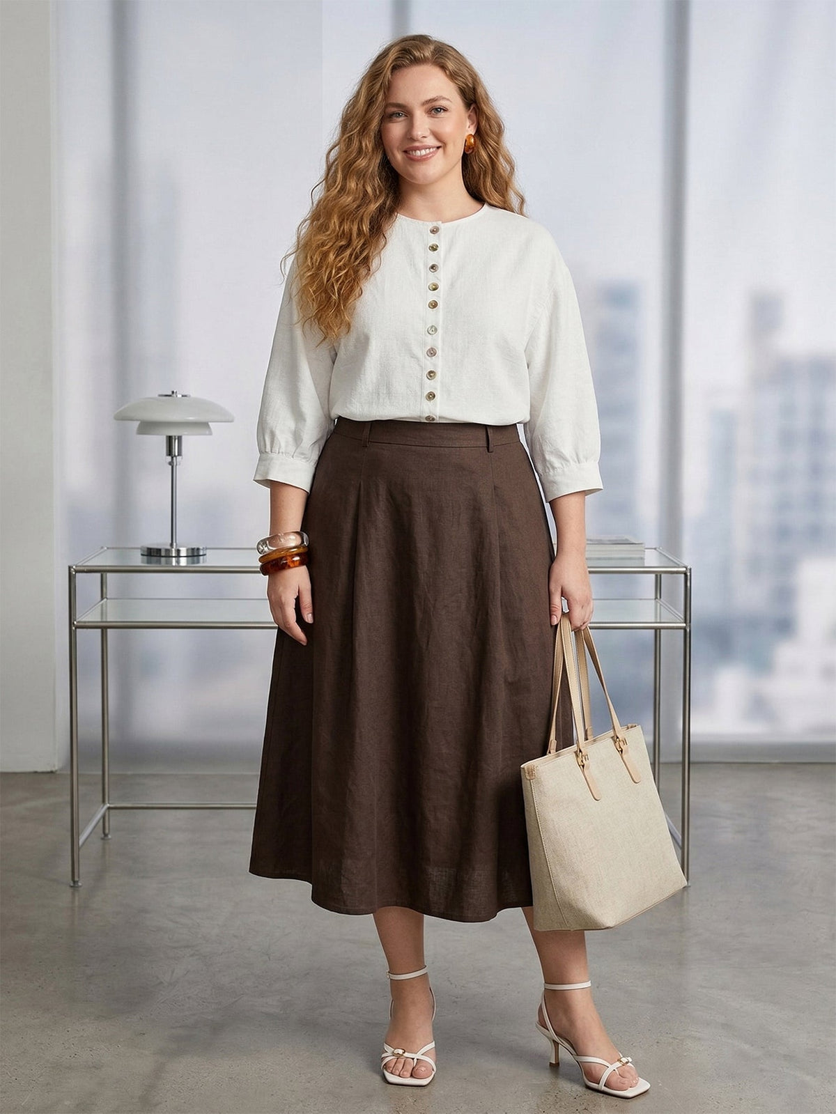 Larui Plus Size Women's Shell Button Linen Shirt