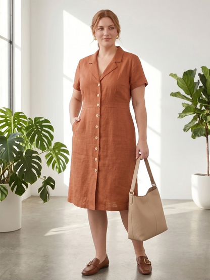 Larui Plus Size Women's Button-Down Pocket Linen Dress