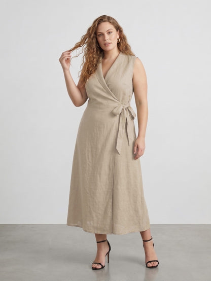 Larui Plus Size Women‘s Linen  V-Neck Sleeveless Dress
