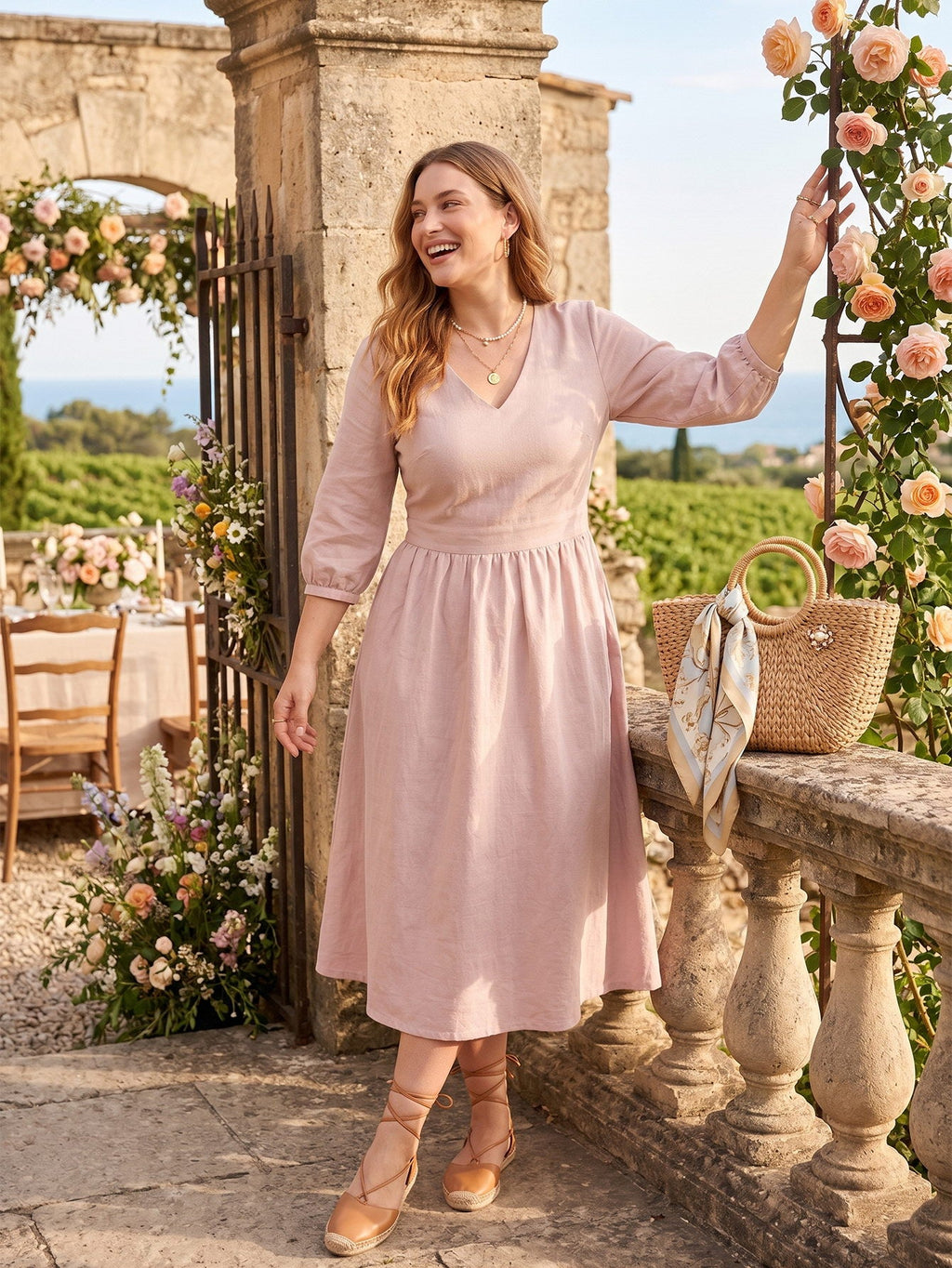 Larui Plus Size Women's Linen V-Neck Pocket Dress