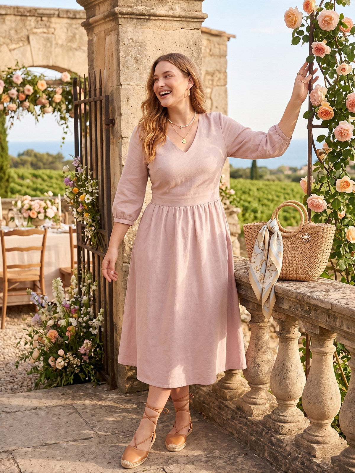Larui Plus Size Women's Linen V-Neck Pocket Dress