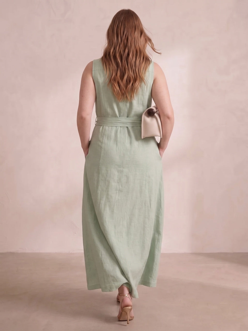 Larui Plus Size Women's Sleeveless Collared Linen Dress with Belt
