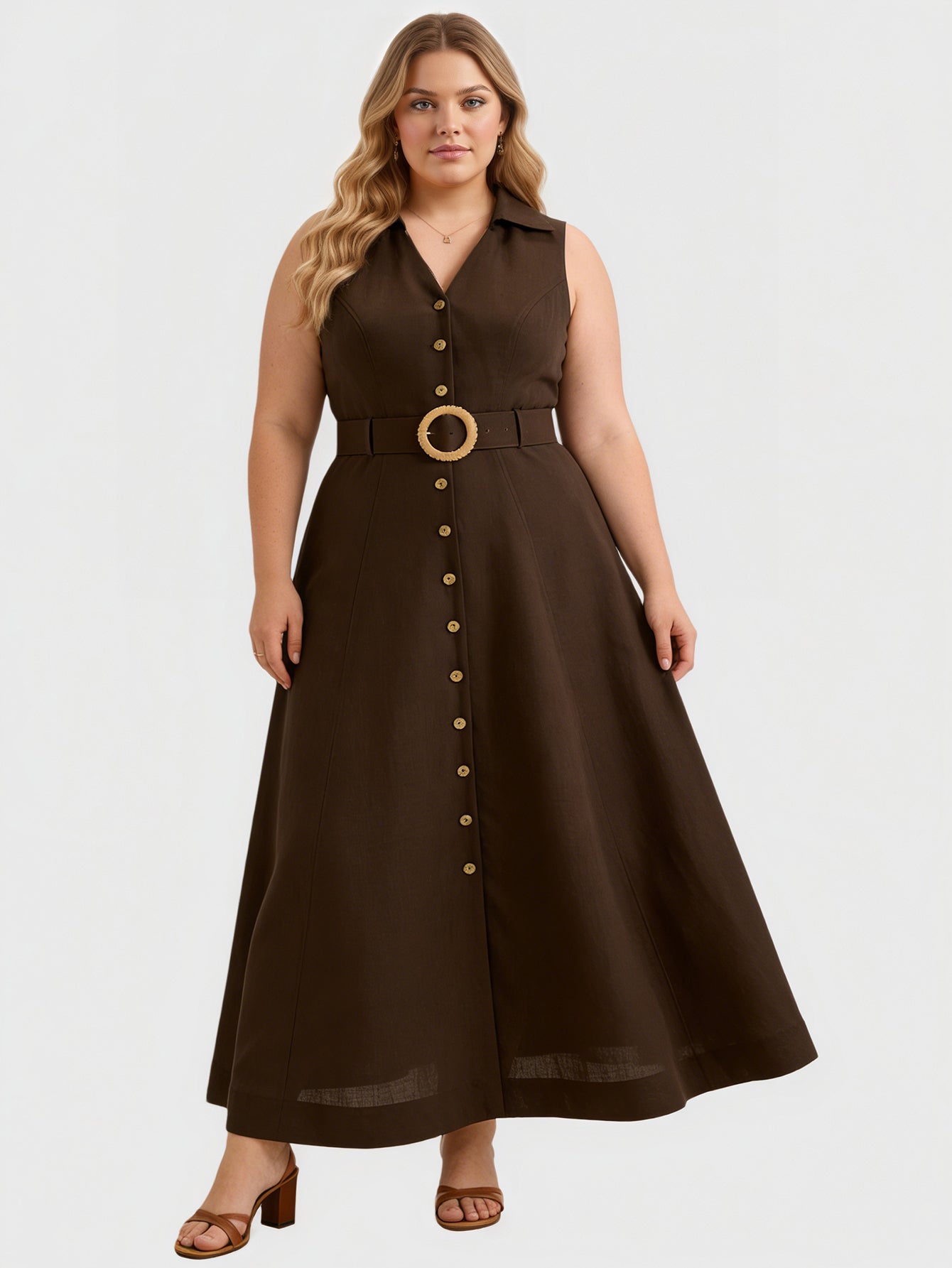 Larui Plus Size Women's Linen Daily Button Front Dress with Waist Belt